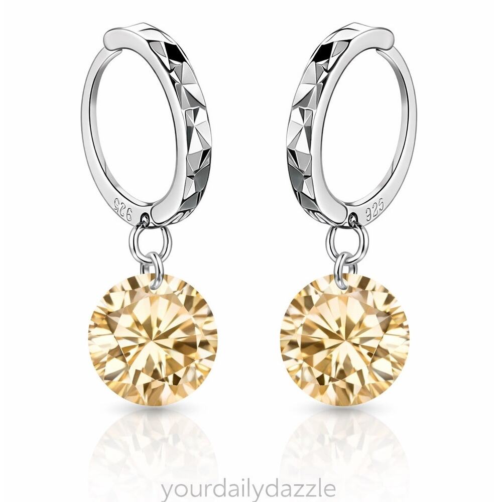 925 Sterling Silver Hoop Earrings Champagne Gemstone Dangle
